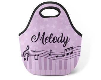 Music Lunch Tote - Purple Star Music Note Piano Keyboard Snack Sack, Musical Staff Keys Neoprene Personalized Lunch Bag - Kids Name Gift