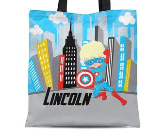 Superhero Tote Bag - Big City Super Boy Sack Bag, Blue Red Captain Super Hero Kids Personalized Tote Bag, You Pick Boy - Childs Name Gift