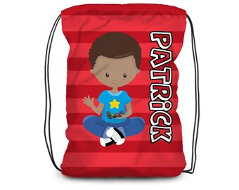 Kids Gamer Drawstring Backpack - Red Stripes Game Cinch Sack, Video Game Player Personalized Backpack Bag, You Pick Boy - Childs Name Gift