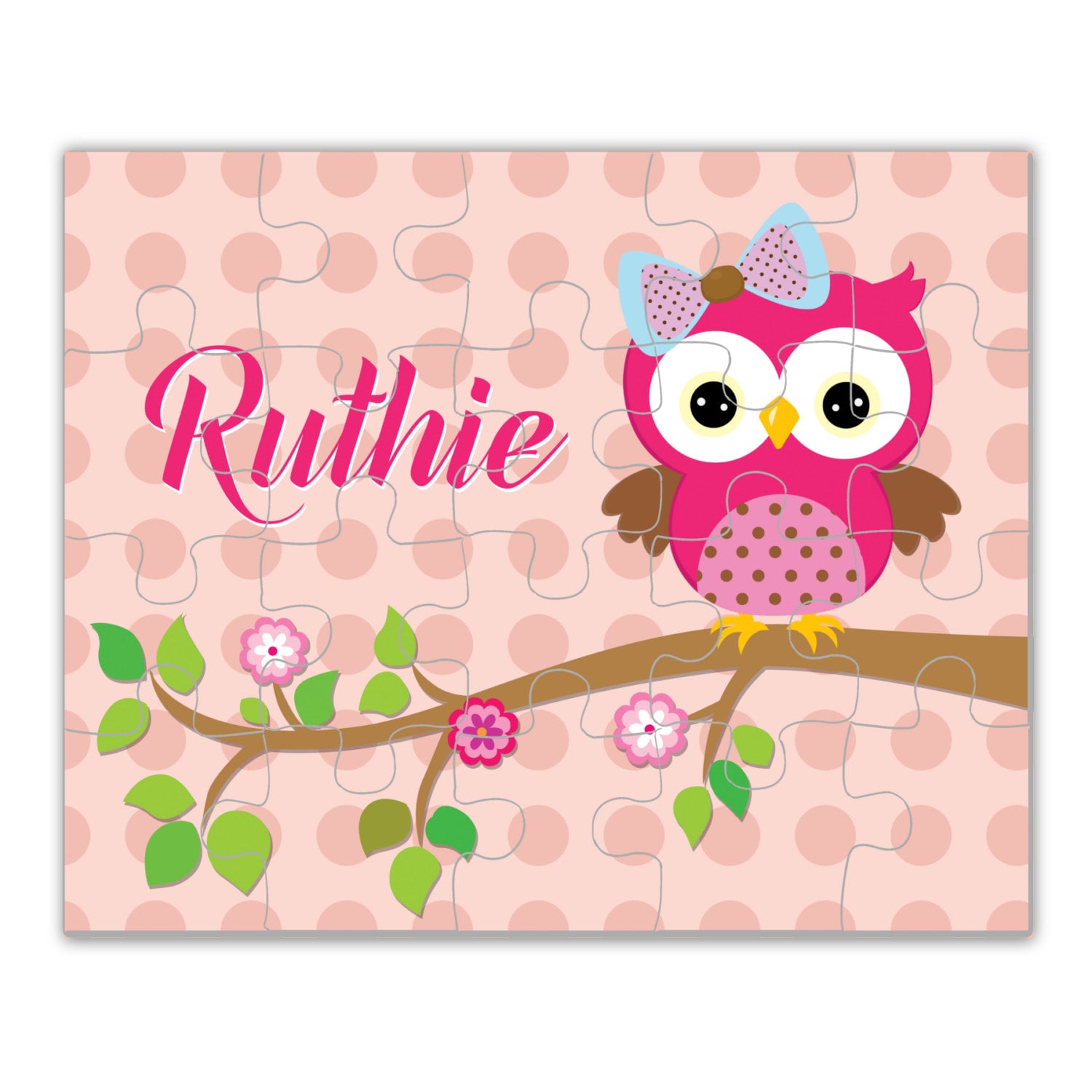 Personalized Owl Puzzle - Hot Pink Woodland Bird Owl, Peach Coral Polka Dots Owl Kids Personalized P