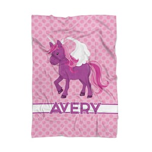 Unicorn Kids Blanket - Pink Polka Dot Unicorn Throw Blanket Decor, Purple Unicorn Personalized Blanket, You Pick Unicorn - Childs Name Gift