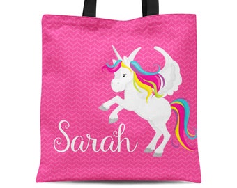 Personalized Unicorn Tote Bag - Hot Pink Chevron Unicorn Tote Sack, Kids Magical Rainbow Unicorn Bag, You Pick Color - Childs Name Gift Bag