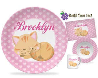 Cat Plate - Pink Hearts Kitty Cat Dinner Plate, Cute Little Orange Calico Kitten Pet Cat Personalized Plate, You Pick Cat - Kids Name Gift