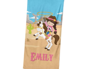 Cowgirl Personalized Beach Towel - Wild West Desert Cow Girl Lightweight Pool Towel, Girl Horse Rider Towel, You Pick Girl - Kids Name Gift