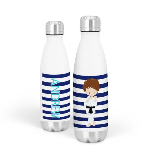 Personalized Karate Water Bottle Navy Blue Stripes Ninja 