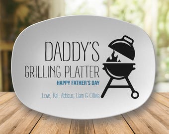 Blue Daddy Grilling Platter: Personalized BBQ Picnic Kids Names Plate - Custom Father's Day Gift