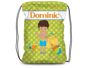 Personalized Beach Drawstring Backpack - Green Dots Ocean Beach Towel Bag, Sandcastle Beach Swim Bag, You Pick Boy - Kids Name Gift