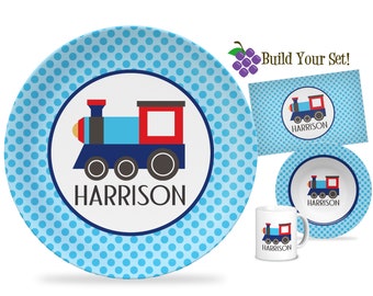 Train Personalized Plate - Blue Polka Dots Train Engine Car Dinner Plate Set, Cute Little Red Train Dinnerware Plate - Kids Name Gift