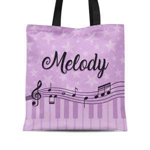 Piano Lesson Tote Bag - Lavender Stars Music Treble Clef Sack, Purple Musician Keyboard Musical Note Personalized Tote Bag - Kids Name Gift image 1