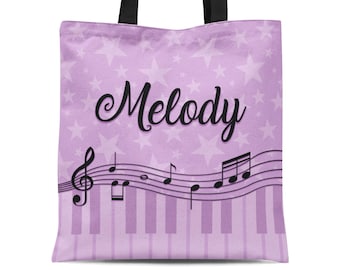Piano Lesson Tote Bag - Lavender Stars Music Treble Clef Sack, Purple Musician Keyboard Musical Note Personalized Tote Bag - Kids Name Gift