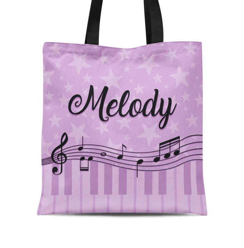 Piano Lesson Tote Bag - Lavender Stars Music Treble Clef Sack, Purple Musician Keyboard Musical Note Personalized Tote Bag - Kids Name Gift image 1
