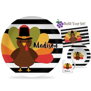 Thanksgiving Plate - Autumn Pilgrim Turkey Dinner Plate Set, Black White Stripe Holiday Thanksgiving Personalized Plate - Kids Holiday Plate