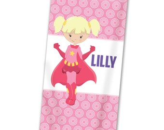 Kids Superhero Beach Towel - Pink Dot Super Hero Lightweight Pool Towel, Super Girl Personalized Bath Towel, You Pick Girl - Kids Name Gift