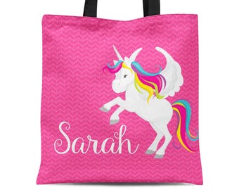 Personalized Unicorn Tote Bag: Hot Pink Kids Magical Rainbow Canvas Sack - Childs Custom Name Gift