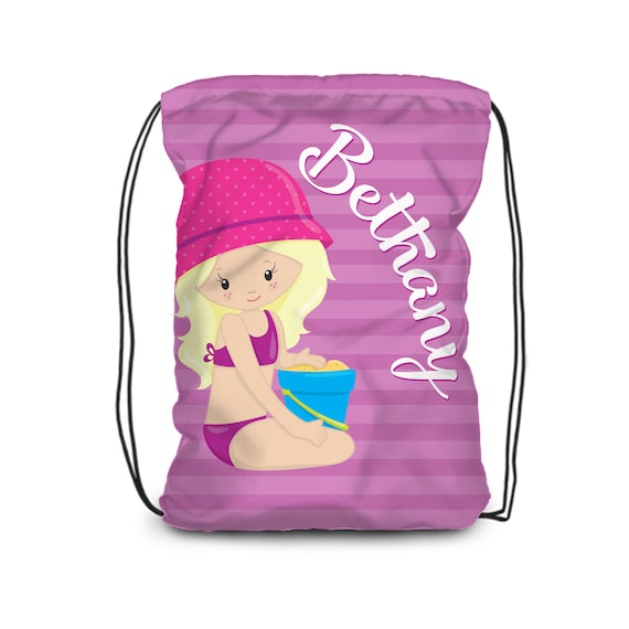 Beach Drawstring Sack Cinch Pack Backpack Bag Pink Flip Flop Personalized