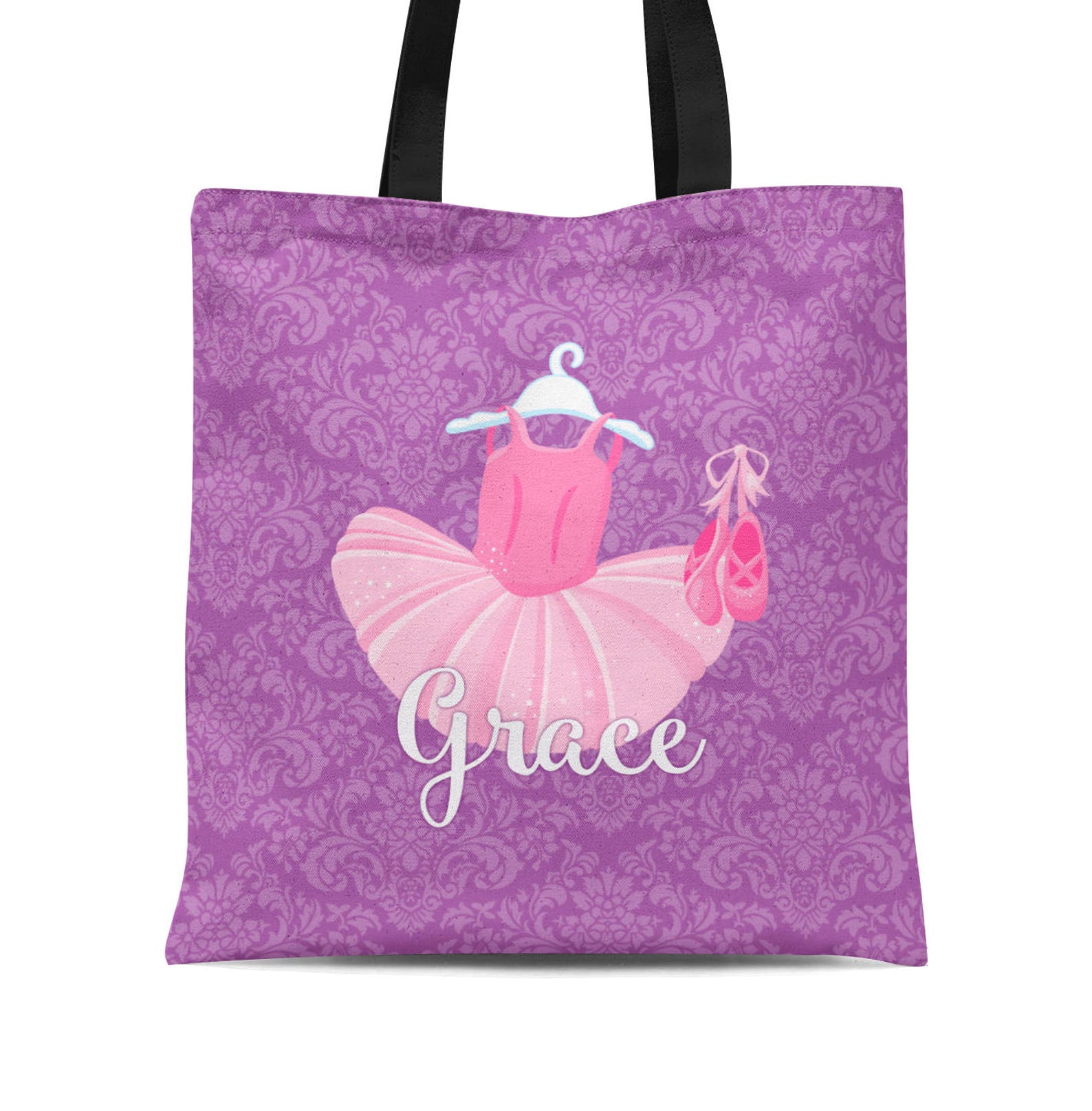 personalized ballerina tote bag - purple damask ballet bag, pink tutu ballet slipper ballet dancer tote sack - kids name gift ba