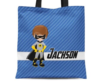 Kids Superhero Tote Bag - Navy Blue Stripes Super Boy Sack Bag, Black Bat Super Hero Personalized Tote Bag, You Pick Boy - Childs Name Gift