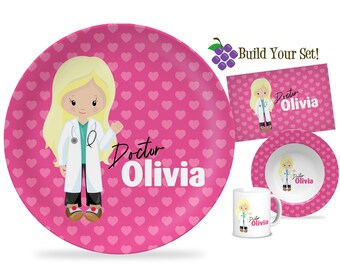 Kid Doctor Plate - Pink Heart Medical Professional Hero Dinner Plate Set, Future Doctor Personalized Plate, You Pick Girl - Child Name Gift