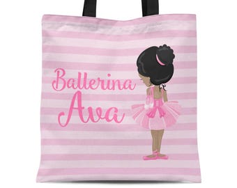 Kids Ballerina Tote Bag - Pink Stripe Ballet Dancer Sack, Pink Tutu Ballerina Personalized Tote Bag, You Pick Girl - Childs Name Gift