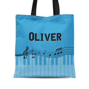 Piano Lesson Tote Bag - Blue Music Treble Clef Sack, Blue Keys Boy Musician Keyboard Musical Note Personalized Tote Bag - Kids Name Gift