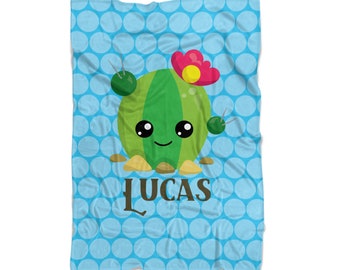 Cactus Kids Blanket - Blue Polka Dots Cacti Throw Blanket Decor, Green Desert Plant Personalized Blanket, You Pick Cactus - Childs Name Gift