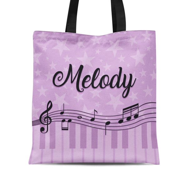 Piano Lesson Tote Bag - Lavender Stars Music Treble Clef Sack, Purple Musician Keyboard Musical Note Personalized Tote Bag - Kids Name Gift