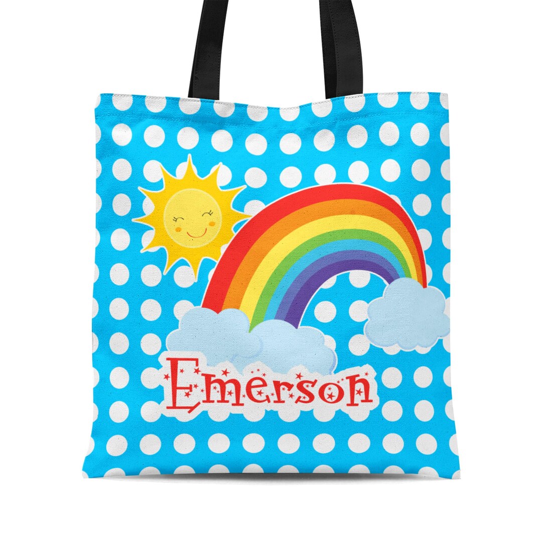 Personalized Rainbow Tote Bag - Bright Blue Dots Colorful Canvas Tote ...
