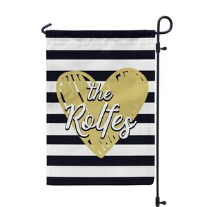 Heart Garden Flag - Black Stripes Love Yard Flag, Simple Gold Doodle Heart Banner Name Personalized Garden Flag - Personalized Family Name