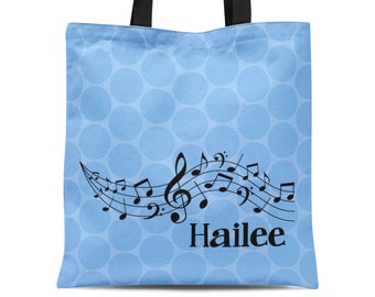 Musical Note Personalized Tote Bag - Blue Polka Dots Musician Treble Clef Staff Sack, Music Lesson Tote Bag, You Pick Image - Kids Name Gift