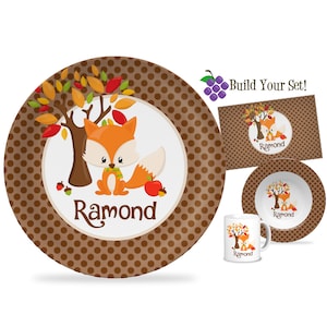 Personalized Fall Fox Plate - Brown Polka Dots Scarf Fox Thanksgiving Dinner Plate, Autumn Animals Plate, You Pick Animal - Kids Name Gift