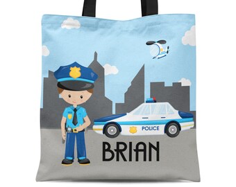 Kids Police Tote Bag - Blue Big City Cop Police Car Sack, Police Officer Personalized Tote Bag, You Pick Boy - Childs Name Gift Bag