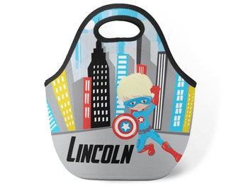 Superhero Lunch Tote - Big City Hero Snack Sack, Red America Super Boy Hero Neoprene Personalized Lunch Bag, You Pick Boy - Kids Name Gift