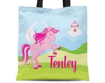 Unicorn Tote Bag - Fairytale Unicorn Sack Bag, Girls Magical Pink Unicorn Personalized Tote Bag, You Pick Unicorn Color - Kids Name Gift