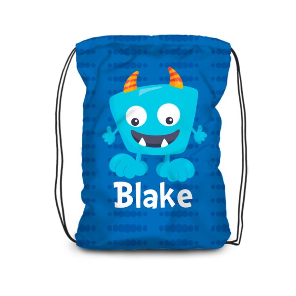 Personalized Monster Drawstring Backpack - Blue Dots Monster Cinch Sack, Silly Aqua Turquoise Monster Bag, You Pick Color - Kids Name Gift