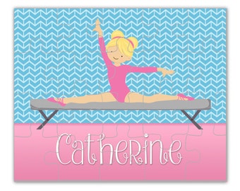 Gymnastic Puzzle - Blue Chevron Gymnast Puzzle, Pink Balance Beam, Gym Girl Gymnast Personalized Puzzle, You Pick Girl - Kids Name Gift