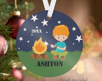 Camping Ornament - Camp Fire Camping Holiday Decoration, Great Outdoor Camper Personalized Christmas Ornament, You Pick Boy - Kids Name Gift
