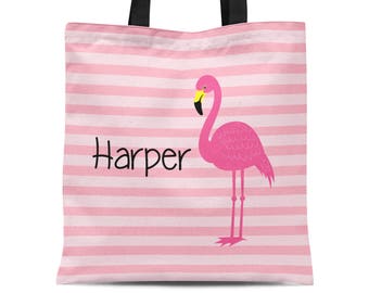 Flamingo Personalized Tote Bag - Light Pink Stripes Flamingo Custom Tote Bag, Hot Pink Flamingo Bag Sack - Kids Name Gift