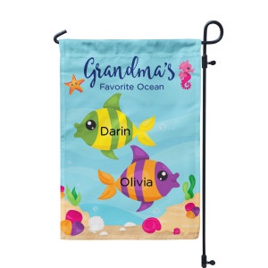 Grandma Garden Flag - Grandmas Favorite Fish Grandkids Yard Sign, Mom MawMaw Banner Name Personalized Garden Decor Flag - Mothers Day Gift