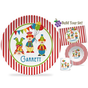 Circus Plate - Red Stripe Circus Carnival Clown Dinner Plate Set, Kids Balloon Personalized Birthday Party Clown Plate - Childs Name Gift