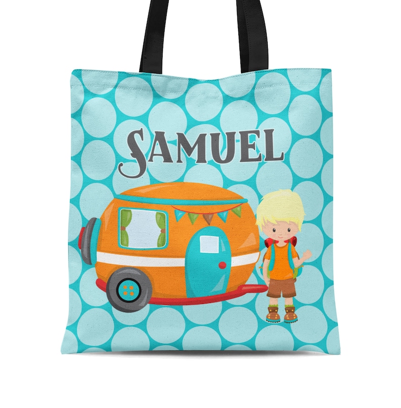 Kids Camping Tote Bag You Pick Kid Childs Name Gift Orange RV Boy Camper Personalized Tote Bag Turquoise Blue Dots Camp Sack