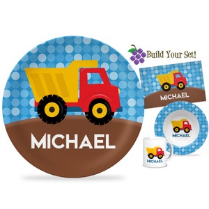 Truck Personalized Plate - Blue Polka Dot Construction Truck Dinner Plate, Red Dump Truck Builder Plate, You Pick Truck - Kids Name Gift