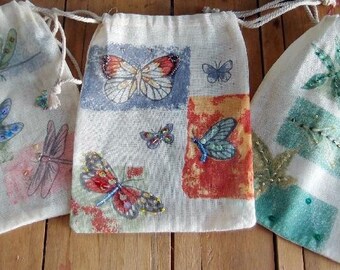 Beaded Embellished 5" x 7" Printed Reusable Jewelry Gift Pouches for Wedding Party Favor Drawstring Cotton Bags - 12 PCS * free shipping *