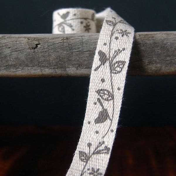 Birds on Tree Branch Linen Blend Print Cotton Ribbon, 5/8-inch, 10-yards * free shipping *