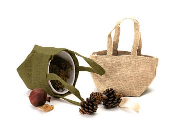 Mini Burlap Jute Tote Bags - 6 Pack - 4" x 4" x 4" - Choose natural or moss - Natural and eco friendly * free shipping *