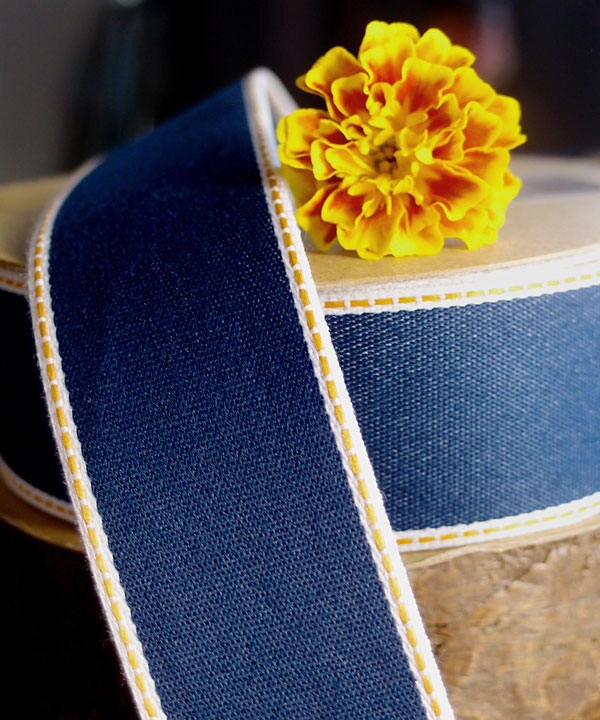 Denim Ribbon Blue With Gold Edge Stitch 25 Yards - Choose Size * Free ...