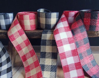 Checkered Buffalo Plaid Faux Linen Ribbon 1.5" by 10 yards * free shipping *