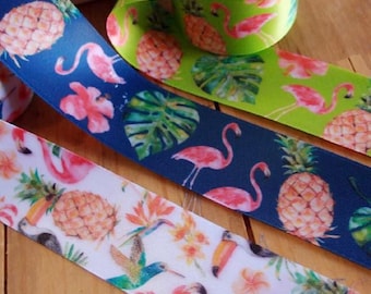 Tropical Flamingos floral double sided Printed Satin Ribbon 1.5” 10 yards * free shipping *