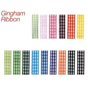 May include: Gingham ribbon in a variety of colors, including green, pink, red, yellow, blue, and black.