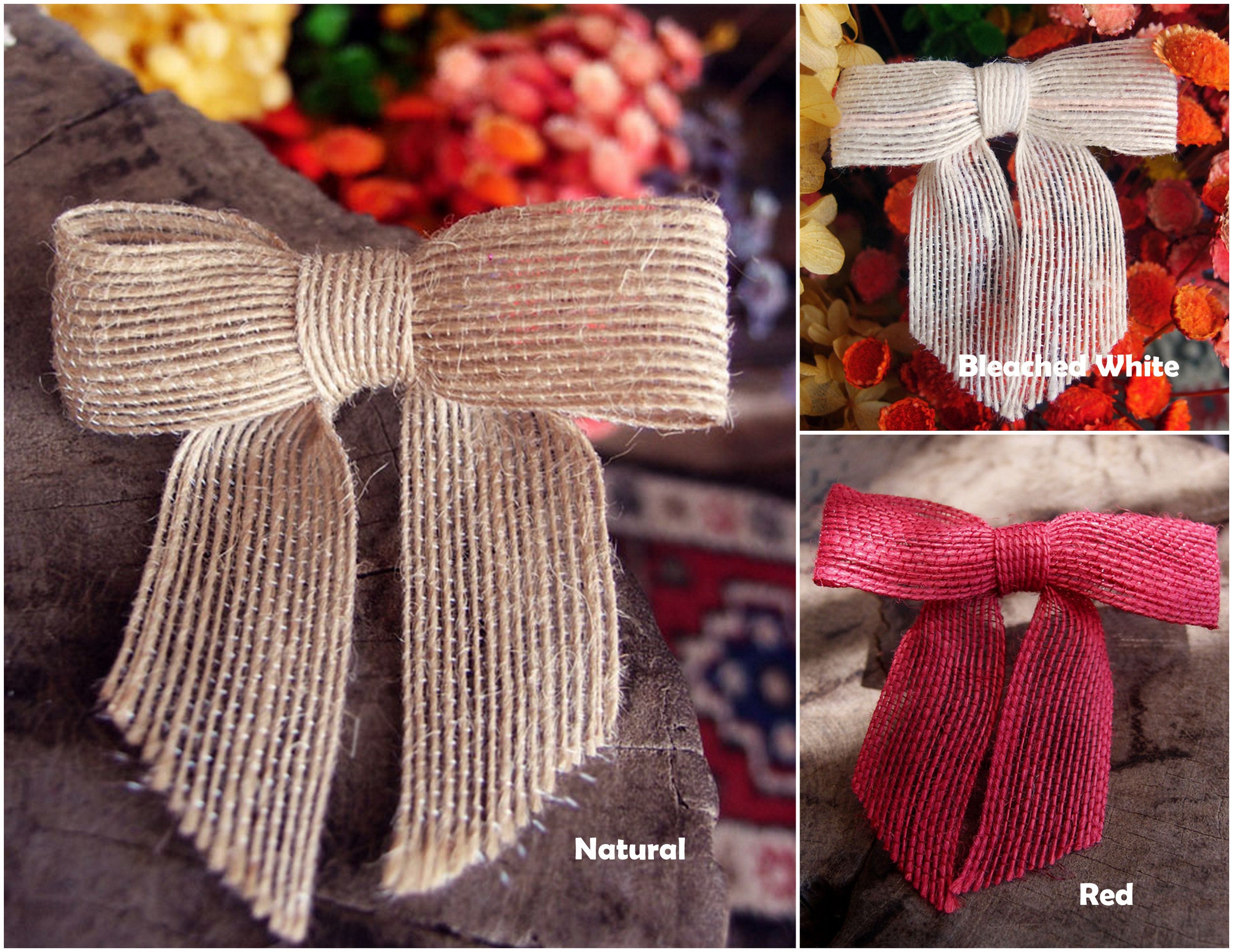 Set of 12 Burlap Jute Pre Tied Bows on Wire 3 Wide Choose Colors Free  Shipping 