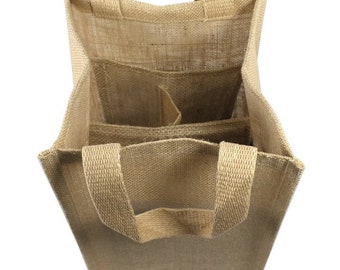 May include: A brown jute tote bag with two handles and three separate compartments for carrying bottles. The bag is made of natural jute fabric and has a rustic look.